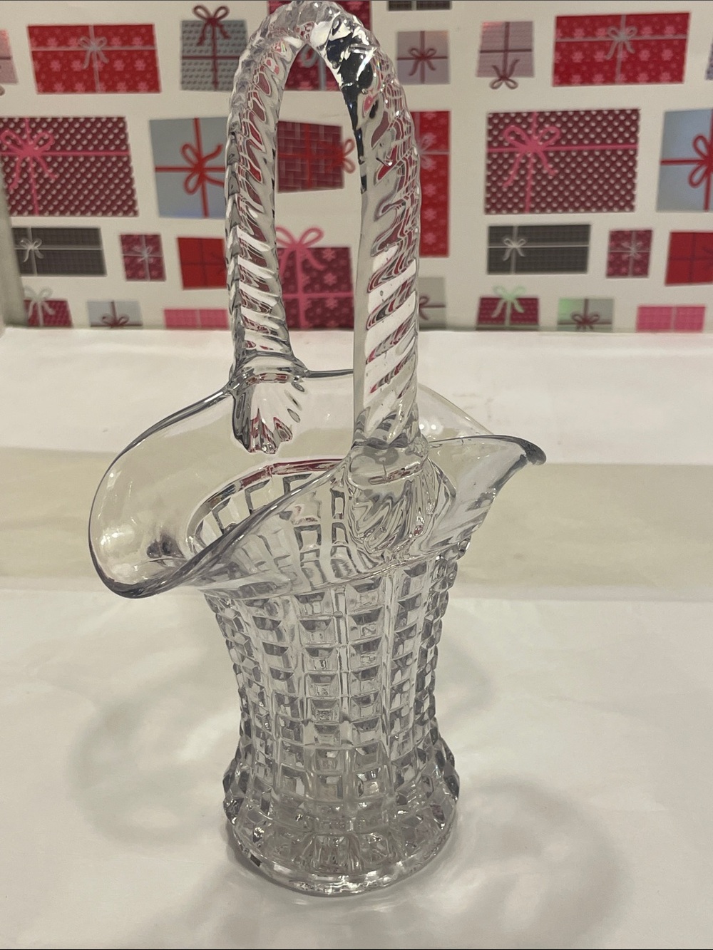 VTG Imperial Monticello Clear Pressed Glass Basket Vase with Twisted Handle